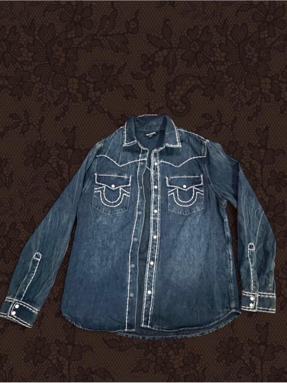 True Religion Dark Indigo Denim Shirt with White Logo Tag